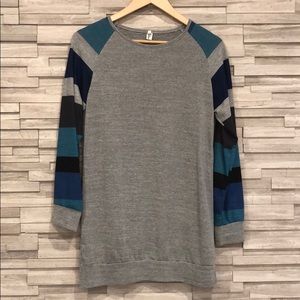 Gray Sweater with Blue-striped Sleeves, Medium